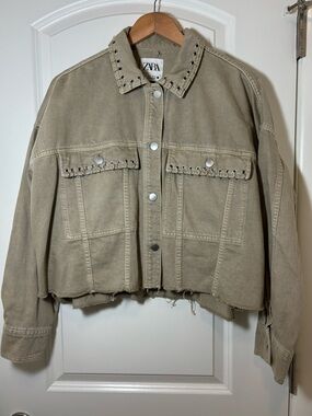 ZARA Taupe Stud-Trim Cropped Denim Jacket